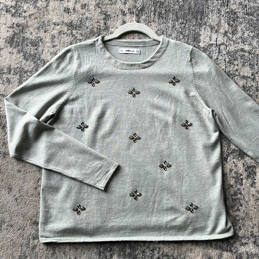 Zara Beautiful beaded blue gray long sleeve sweater.  Perfect for work